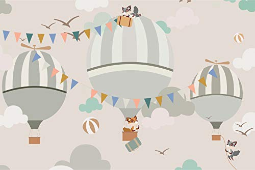 Muralo Fotomural autoadhesivo 254 x 184 globos animales zorros, mapache, moscas, fantasía, habitación de los niños, habitación infantil, mural XXL 254 cm x altura 184 cm