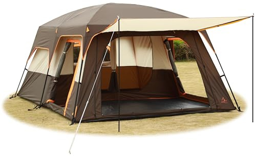 KTT Extra Large Tent 12 Person(A),Family Cabin Tents,2 Rooms,3 Doors and 3 Windows with Mesh,Straight Wall,Waterproof,Double Layer,Big Tent for Outdoor,Picnic,Camping,Family Gathering(Brown)