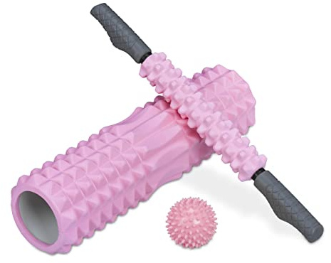 Relaxdays Lot de 3 Rouleaux Massage des fascias, Cylindre, Stick et Picot, résistance Moyenne, Dos, Nuque, Jambes, Rose