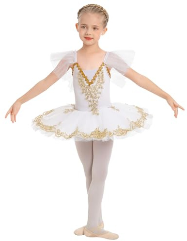 IWEMEK Robe de Ballet Fille Tenue Danse Classique avec Tutu Tulle Plateau Lac des Cygnes Justaucorps Broderies Perles Enfant Ballerina Princesse Costume Danseuse Manches � Volants Blanc 11-12 Ans