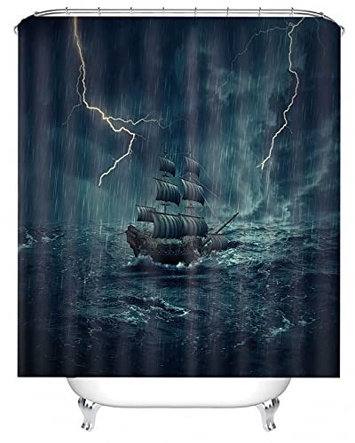 Banemi Bunter Duschvorhang, Lustiger Duschvorhang Dunkelgrau Segelboot Im Seesturm Polyestergewebe 150X180cm für Eck Dusche mit 12 Duschvorhangringen