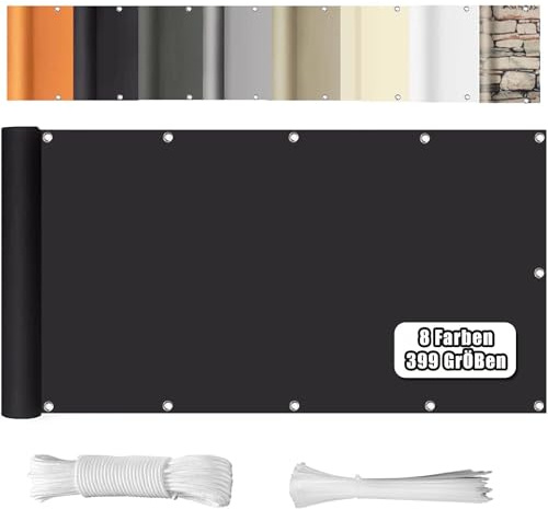 WEALSFUN Balkonabdeckung (390Größen & 8 Farben) Balkonverkleidung Ohne Bohren blickdichte Wind UV-Schutz mit Ösen Kabelbinder Kordel,90X200CM Schwarz