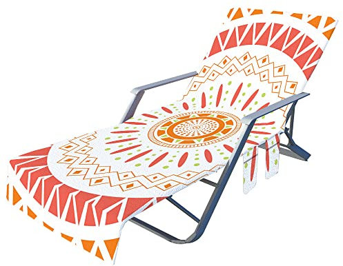 Highdi Schonbezug Liegestuhlauflage, Mandala Schonbezug für Gartenliege, Böhmen Strandliegenauflage mit Taschen, Mikrofaser Handtücher für Strandliegen Liegestuhl (Orange-Mandala,75x210cm)