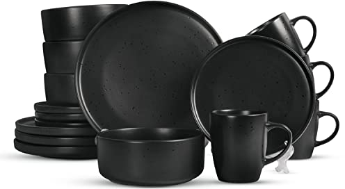 Royalford 16 Piece Stoneware Dinnerware Set - Kitchen Dinner Set, Stoneware Tableware Crockery - Includes 4 Dinner Plates, 4 Dessert Plates, 4 Cereal Bowl and 4 Mugs, Black