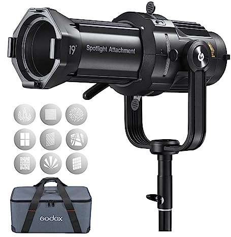 Godox VSA-19K Spotlight Attachment Kit, Snoot conico con lente di proiezione 19° e 9 gobos per Bowens Mount Flash Speedlite, Studio Strobe Monolight, Fotografia LED Luce e Video Light (VSA-19K)