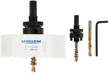 Mollom 108mm (4-1/4) Scie trépan bimétallique HSS M42 8% Co avec arbre | 2 forets pilotes, coupe nette pour PVC, plaques de plâtre, bois, plastique, métal et caoutchouc