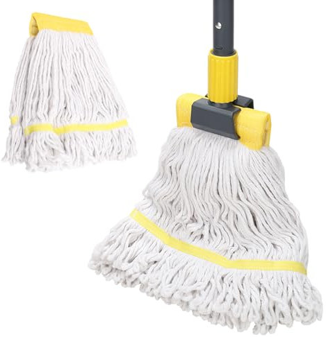 Trapeador industrial resistente con cabezal de fregona de repuesto extra, mango largo de 60 pulgadas, mopas de algodón húmedo para limpieza de suelos, hogar, cocina, oficina, garaje y suelos de