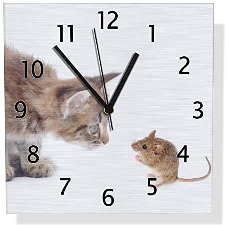 Wallario Design Wanduhr Katze und Maus beim Spielen - weißer Hintergrund aus Aluverbund, Alu-Uhr Größe 30 x 30 cm, Schwarze Zeiger mit Metalloptik