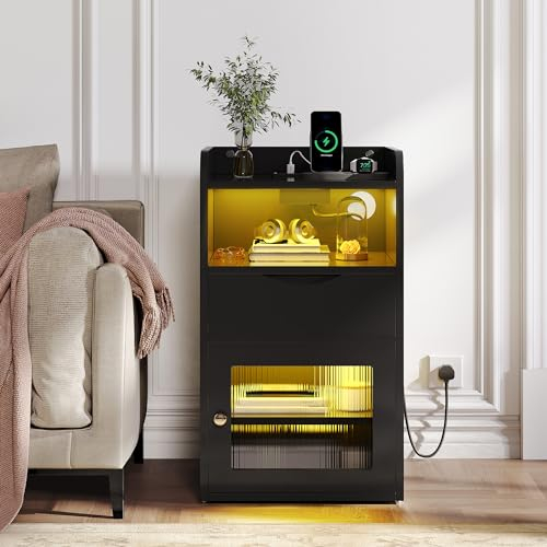 YITAHOME Black Bedside Table with Charging Station,Bedside Cabinet with LED Lights,1 AC Outlets, 2 USB Ports,Nightstand Side Table End Table Sofa Table with Drawer for Bedroom Living Room
