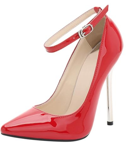 Minetom Femme Élégant Escarpins Similicuir Bout Pointu Pumps Chaussures à Bride Cheville Talon Aiguille Haute Chaussure de Soirée Mariage Bureau A Rouge 46 EU