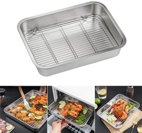 EpheyFIF Backblech mit Gitter-Set, Edelstahl-Backform mit Kühlgitter, Kochrost für Brot, Kekse, Fleisch, Küche, Grill, Kuchen (31 x 24 x 5 cm)