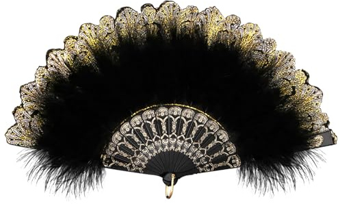 Simsky Damen Fächer Feder,Handfächer,Rave Faltfächer,Fender Handfächer für Kostüme, Halloween, Tanz, Hochzeit, Party, Abschlussball, Teeparty – Schwarz