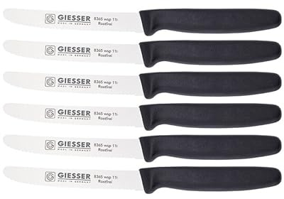 Giesser Messer - Made in Germany - 6er Set Brötchenmesser Tomatenmesser Küchenmesser Allzweckmesser Universalmesser Gemüsemesser 3mm Wellenschliff Klingenlänge 11cm (Schwarz)