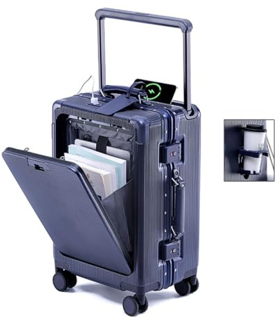 BEITH Koffer Handgepäck, BS849-2 Reisekoffer mit Getränkehalter, USB, Type-C, Aluminiumrahmen Hartschalenkoffer, PC Hülse, Breite Hubstange, TSA-Zollschloss, Vorne zu öffnen, 360° TPU Silent Rollen