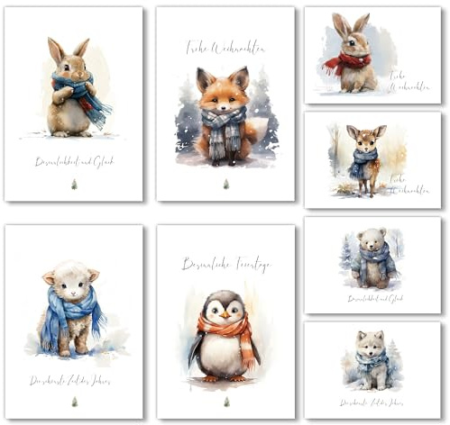 BIROYAL Weihnachtskarten mit Umschlag Set 16 Stück - A6 Klappkarten Weihnachten - 8 Tiere Motiven Weihnachtskarten Set - Christmas Card - Weihnachtsgrußkarten - leere Innenseite Weihnachtspostkarten