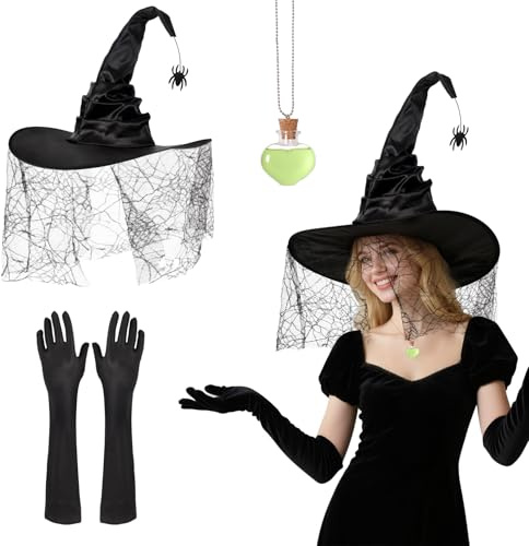 3er Hexenhut Damen Set,Eleganter Hexen Hut mit Spinnen + Zaubertrank Halskette + Handschuhe,Hexenhut Schwarz Witch Hat Halloween Kostüm Damen Hexe Accessoires für Halloween,Festival,Verkleidung,Party