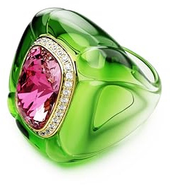 Swarovski Bague cocktail Dulcis, anneau vert accompagné d'un cristal taille coussin rose, entouré d'un pavé blanc, design inspiré Pop Art, éclat ludique et contemporain, placage de ton or, taille 60