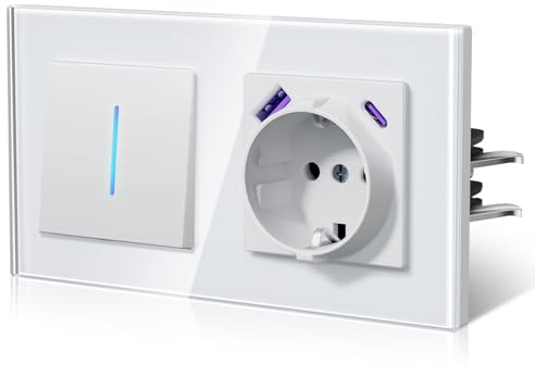 BSEED Lichtschalter mit Steckdose USB C 20W, Schnellladen Wandsteckdose mit Unterputz Schalter, Wechselschlter Mit Krallen, NEU E-Serie,1 Fach 2 Wege,Weiß 157mm