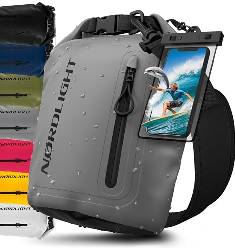 Nordlight Dry Bag Vattentät Väska med Mobilfodra+ Rullstängning, Axelrem | Drybag Vattentät Ryggsäck Packsäck Våtbag Packväska | Simning Strand Stå Upp Paddling Kanotpaddling - Grå, 5 Liter