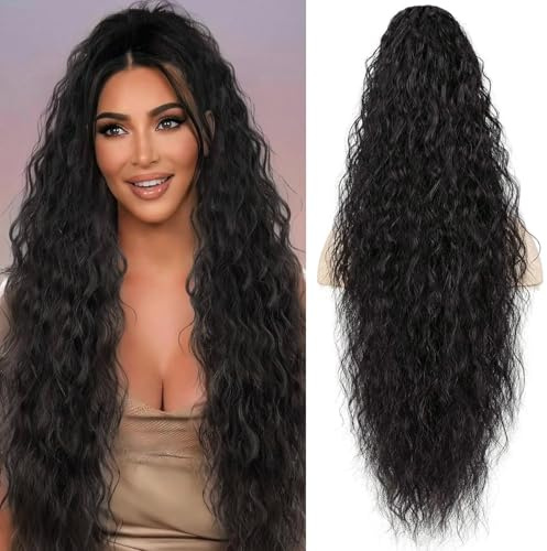 PORSMEER Damen Pferdeschwanz mit Klammer, Lange Wellig Lockig Haarteil Zopf Haarverlängerung Claw Clip in Haarteil Ponytail für Frauen 75cm(Schwarz)