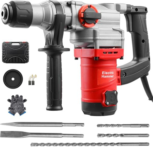 Bohrhammer,1500W Schlagbohrmaschine,Schlagenergie 6 J Abbruchhammer,3300r/min 2 Modi Bohrhammer mit 3 Bohrer,360° Zusatzgriff,Doppelschalterknopf,Schlagbohrmaschine für Beton,Metall,Holz