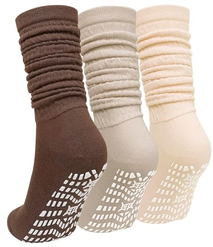 ZAKASA Damen Slouch Rutschfeste Socken: Damen Lange Antirutschsocken Baumwoll Komfort Nahtlos für Yoga Pilates Hause 3 Paar