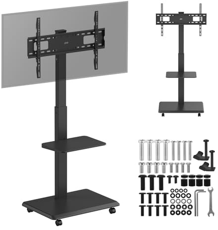 Ergo Office ER‑304 B Soporte de TV Móvil 37‑75″ a 50 kg | VESA hasta 600×400 mm | Estante y zócalo incorporados | Inclinable & Girar | Carro Negro