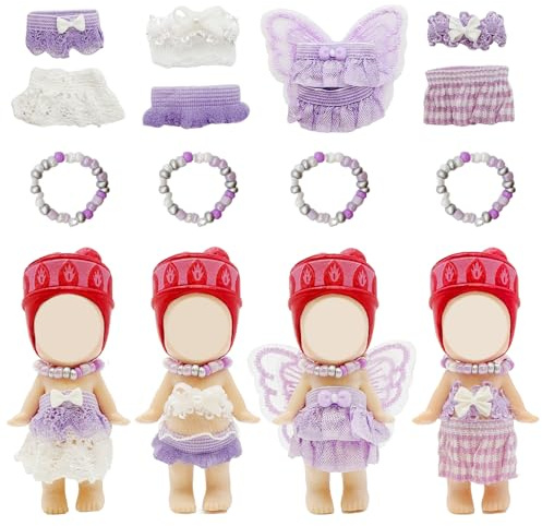 Ropa de muñeca de 3 pulgadas compatible con Sonny Angel, 4 juegos de ropa de muñeca que incluye falda superior, zapatos, collar, bonitos accesorios de exhibición y decoración para coleccionistas