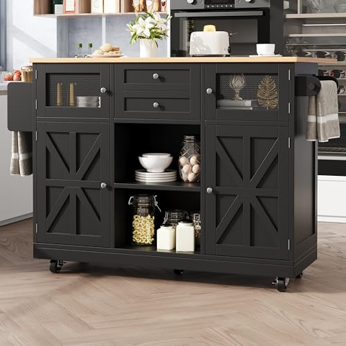 Îlot de Cuisine avec Porte-Serviettes latéral séparateurs réglables Chariot de Salle à Manger avec Plan de Travail Grain Bois Armoire Buffet avec Portes tiroirs étagères Ouvertes crédence Noire