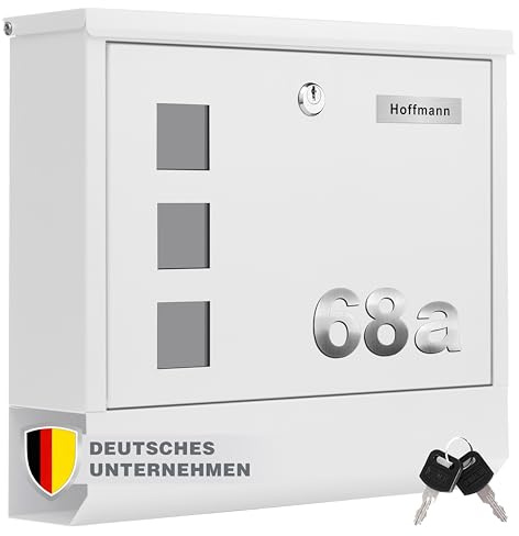 Zedelmaier Briefkasten personalisiert, Mailbox mit Zeitungsfach, Weiß | Briefkasten weiß, Wandbriefkasten, DIN C4; Lasergravur, Edelstahl-Namensschild und Hausnummer, 2 Schlüssel, 35 x 31 x 9 cm
