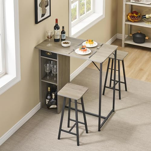 Garvee 3-teiliges Bartisch-Set, küchentisch für 2 Personen, Bartisch Mit Barhocker Tisch mit Metallgestell und Schublade, inklusive 2 Stehhockern und 2 Ablageflächen