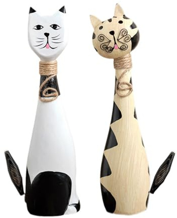 Set di 2 Sculture di Gatti con Code a Molla in Legno Intagliato a Mano