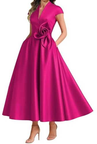 WISIYLE WQL048 - Vestido largo para madre de la novia, con hombros descubiertos, de satén, con flores, 3D, para boda, formal, fiesta de noche, vestido largo, fucsia, 38