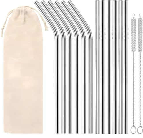 Stainless Steel Straws 12 Pack, Reusable Metal Drinking Straw Set with 2 Cleaning Brushes and Cotton Pouch, 6 Straight and 6 Bent for Cocktails, Smoothies, Milkshakes and Cold Drinks