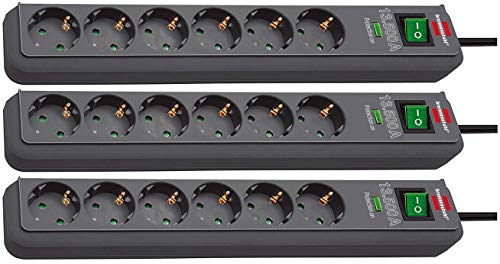 Brennenstuhl Eco-Line, Steckdosenleiste 6-Fach mit Überspannungsschutz (Steckerleiste mit Kindersicherung, Schalter und 1,5m Kabel) anthrazit 3er Pack