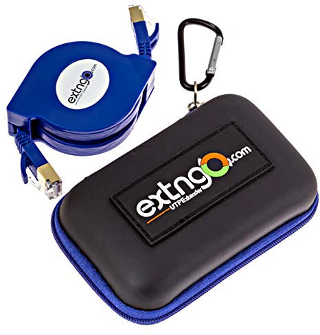 EXTNGO CAT7 4Ft Retractable Ethernet Cable, 10 Gbps Speed, FTP Foil Screened Twisted Pair. Pocket Size, Protection Pouch, Distinctive Blue Flat Cable and Body Color, Daily use for Swift Network Setup