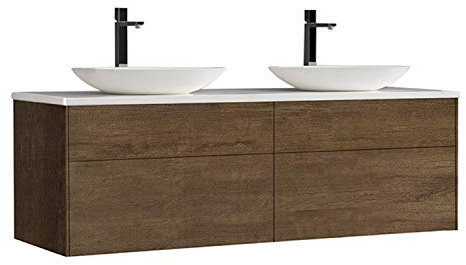 StoneArt Badmöbel Set Mineralguss Waschbecken Waschschale Aufsatzwaschbecken und Unterschrank Waschtisch Einzel- oder Doppelwaschbecken Venice VE-1600pro-3 Eiche dunkel 160cm