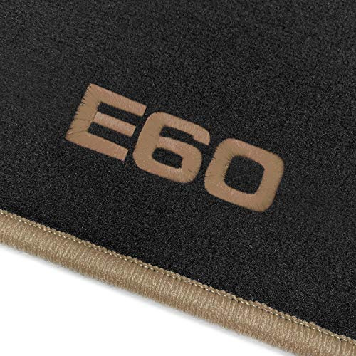 Online-Fussmatten Passform Velours-Fußmatten für BMW 5er E60 Limousine mit Bestickung E60 und Rand in Beige, Schwarzes Velours, 4-teiliges Set