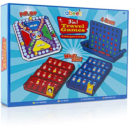 abeec 3 in 1 Reisespiele – Brettspiele für Kinder – Pop and Hop, Vier zu punkten und wie ihr Name ist – Taschenspiele – Urlaubszubehör