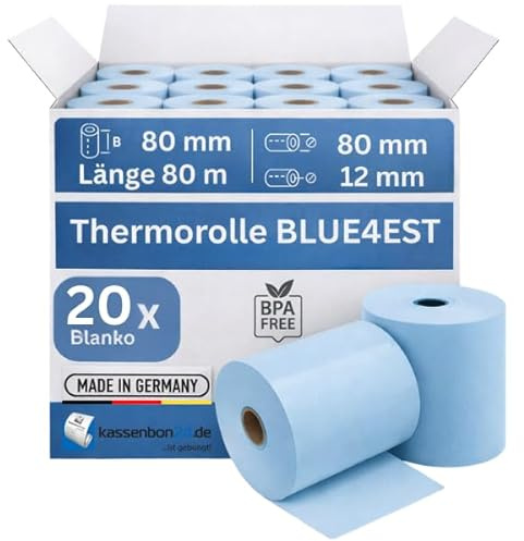 BLUE4EST Thermorollen 80x80x12mm – 80m Bonrollen BPA-frei | Thermopapier für Kassendrucker POS-Drucker Bondrucker | 48g/m² Kassenbonrollen ohne Aufdruck | 20 Rollen