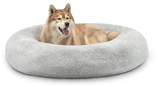 lionto Donutsäng för hundar och katter, fluffig rund bädd för små & stora husdjur, Ø 120 cm, mjuk kattsäng i gosig plysch, hundkudde med extra tjock stoppning, ljusgrå