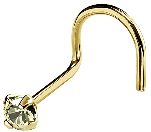 22G Solid 14Kt Gold Nose Screw Stud with Prong Set real Peridot Gemstone, 14kt Yellow Gold or 14kt White Gold - August Birthstone Nose Ring-NSYG_PD-2MM