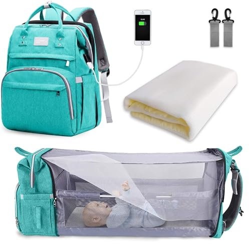 SNDMOR Mochila Pañales, Grande Mochila Maternidad Bebe, Mochila Carro Bebe Multifuncionales, Bolsa de Pañales con Cambiador y Puerto de Carga USB, Apto para Mamá y Papá (Menta Verde)
