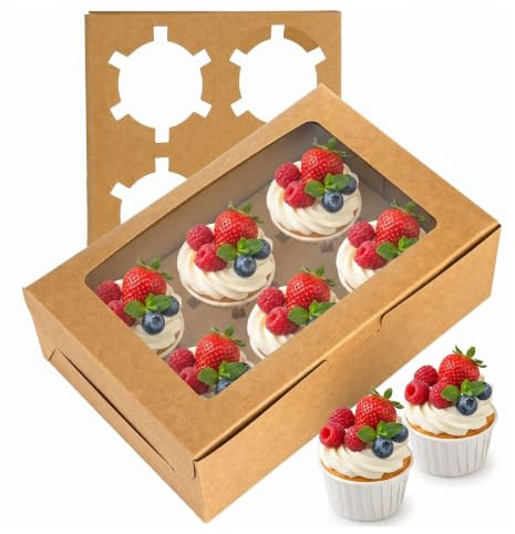 Jucoan 50 Stück Cupcake-Box aus Kraftpapier mit Einsatz und Fenster für 6 Standard-Cupcakes, lebensmittelechte Cupcake-Behälter, braune Bäckerei-Box für Gebäck, Kekse, kleine Kuchen, Desserts