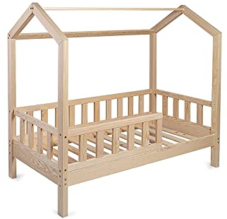 Kinderbett Bett Hausbett 160x200 mit Rausfallschutz Lattenrost Bettgestell aus Kiefer Holz für Haus Kinder Jungen & Mädchen - Holzbett Baby Kinderzimmer Junge Deko (Rausfallschutz: MIT)