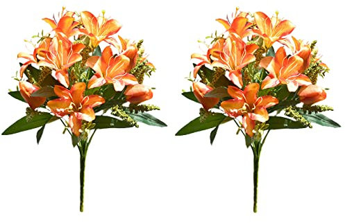 RNCOZE Lot de 2 fleurs de lys artificielles avec feuilles vertes - Bouquet de fleurs artificielles pour décoration de table, maison, jardin, orange