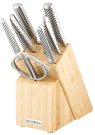 Global Takashi 8 Piece Knife Block Set, Japanese Stainless Steel Kitchen Knives & Wood Knife Block: Cooks Knife, Bread Knife, Vegetable Chopper, Utility & Peeling Knives, Kitchen Shears G-79668B