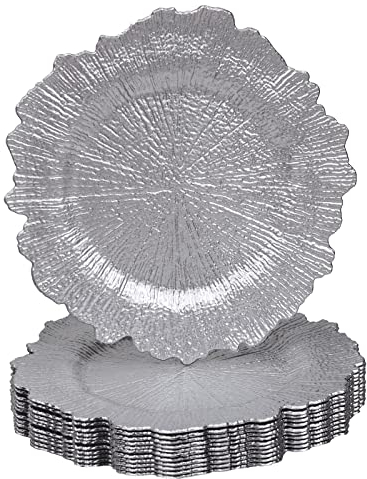 MAONAME 13 Silver Charger Plates, Round Reef Chargers for Dinner Plates, Plastic Plate Chargers for Table Setting, Wedding Decor, Set of 12