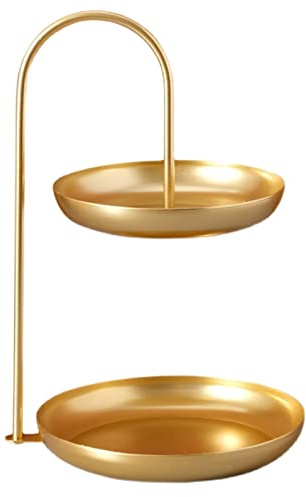 Doppellagiges Obsttablett, Eisen 2 Etagen Süßigkeiten Dessert Tablett Kuchenteller Haushalt Nachmittagstee Snackständer für Obst Snacks Kuchen (Gold)
