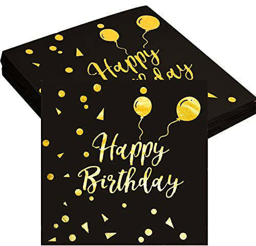 40 Stück Happy Birthday Servietten Schwarz und Gold Party Servietten Geburtstag Papierservietten Einweg Schwarz Geburtstag Servietten Geburtstag Cocktail Servietten Goldfolie Servietten Geburtstag